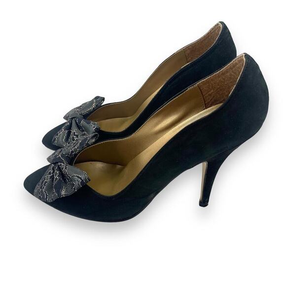1960's German designer ANDRE black nubuck suede stiletto pumps large lace bow - Picture 3 of 16